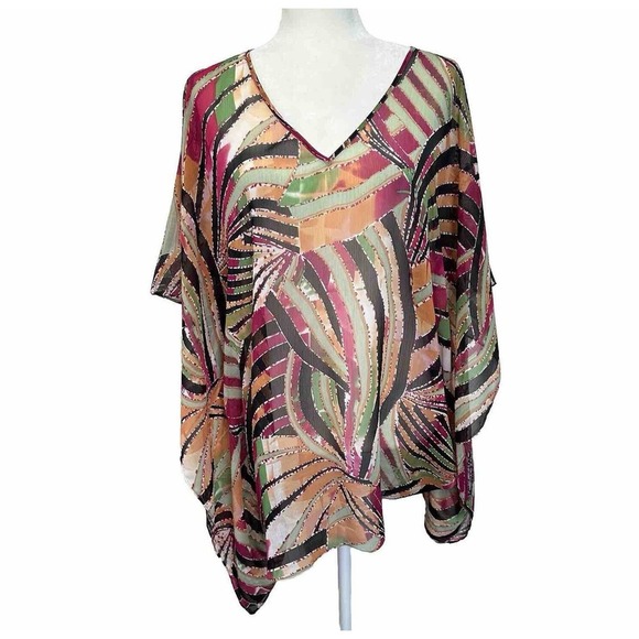 Chico’s Kimono‎ Top Poncho Multicolor Cover Up Kaftan Blouse Sz S/M Topper Tunic - Picture 1 of 7